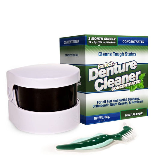 ProTech Removable Appliance Care Kit, Denture, Retainer, & Aligner and Cleaning Bundle with Ultrasonic Denture Retainer Cleaner, Brush, Solution, Informational Brochure, Pack of 3