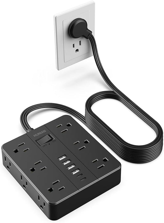 Flat Plug Power Strip, Flat Extension Cord Indoor 20 Feet, HUNIAN 12 Widely Spaced Outlets with 6 USB Charger (2 USB C Ports), Desk Charging Station for Home Office Supplies, Dorm Room, Black