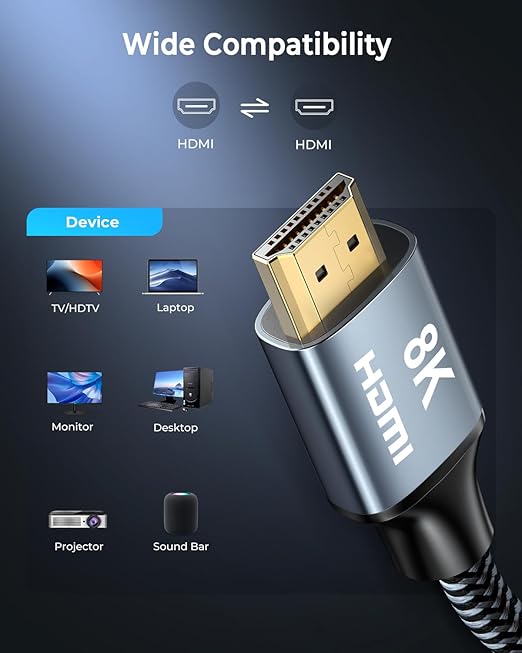 CABNEER 8K HDMI Cable 16 ft, 48Gbps High Speed HDMI 2.1 Cable, HDMI Cord 8K@60Hz 4K@120Hz Support for HDR eARC HDCP 2.2&2.3, HDMI Cable 2.1 Compatible with HDTV, Laptop, Monitor, PC