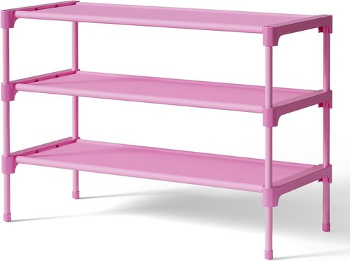 Kitsure Shoe Rack - Stackable 3-Tier Non-Woven Shoe Organizer for Closet & Entryway - 27.5" Wide, Pink