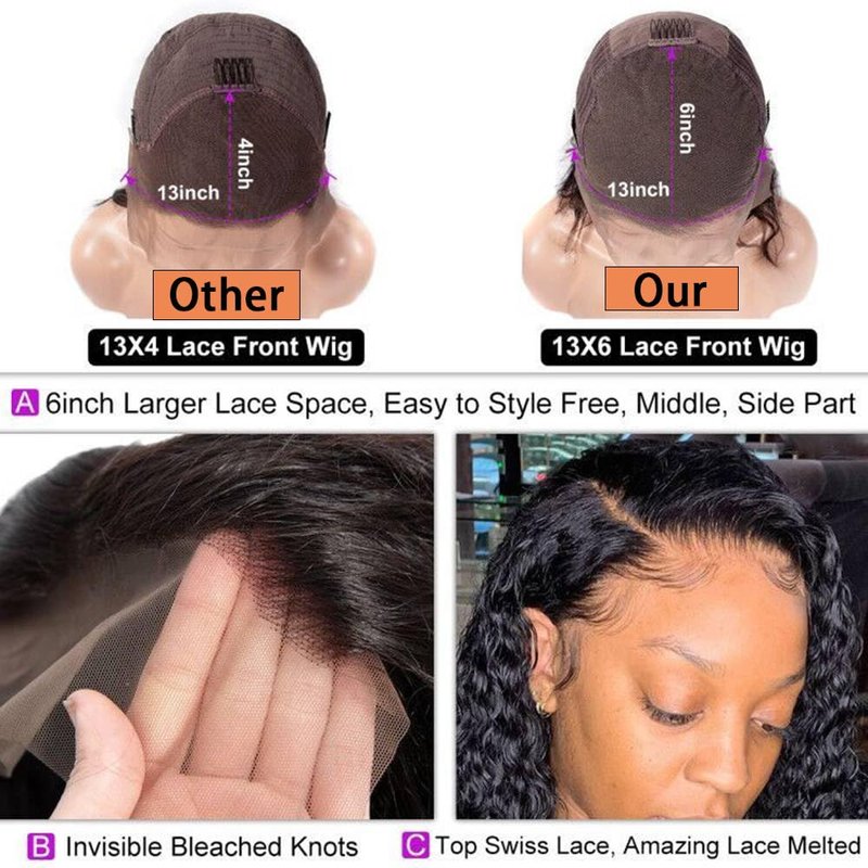 Nakkia Bob Wig Human Hair 13x6 Deep Wave Lace Front Wigs 13x6 Lace Frontal 180% Density Curly Bob Wig Human Hair Pre Plucked for Women Natural Black 8 Inch