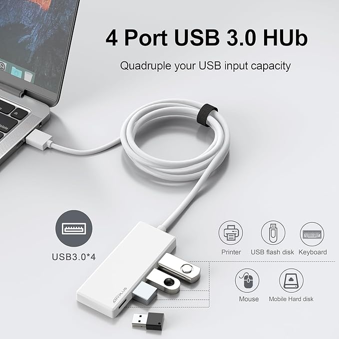 ANYPLUS USB Hub, Multiport USB Splitter Adapter, 2 ft Long Cable USB 3.0 Hub, USB Extender for Laptop, PC, iMac, Surface Pro, MacBook, Mac Pro, Flash Drive, XPS, Mouse, HDD【White】, HJ-White-0.5M-001