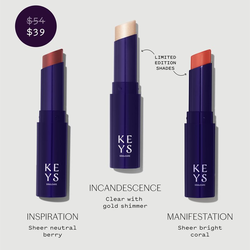 Keys Soulcare Soulful Kiss Tinted Lip Balm Set with Avocado Oil, Moisturizes & Softens, Sheer Color, Silky Formula, Cruelty-Free, 3-Pack, 0.1 Oz