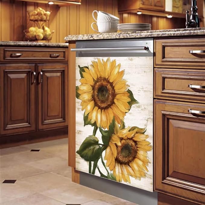 Retro Sunflower Kitchen Sticker Decor Dishwasher Cover, You are My Sunshine Dish Washer Door Panel Decal, Refrigerator Decal Decor, Ordinary 23"x26"INCH