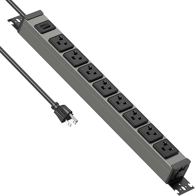 JUNNUJ Heavy Duty Power Strip Wall Mount, 20 Amp Surge Protector 1200J Metal 8 Outlet Under Desk Mounted 20A, Garage Power Table Socket Industrial Outlets 6-20R T-Slot, 15FT 12AWG Extension Cord