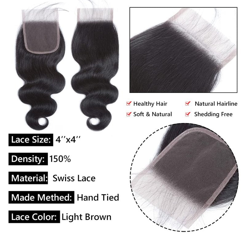 4x4 Lace Closure Body Wave Human Hair Transparent Lace Closure Human Hair 100% Unprocessed Brazilian Virgin 150% Density Body Wave Natural Black 20Inch