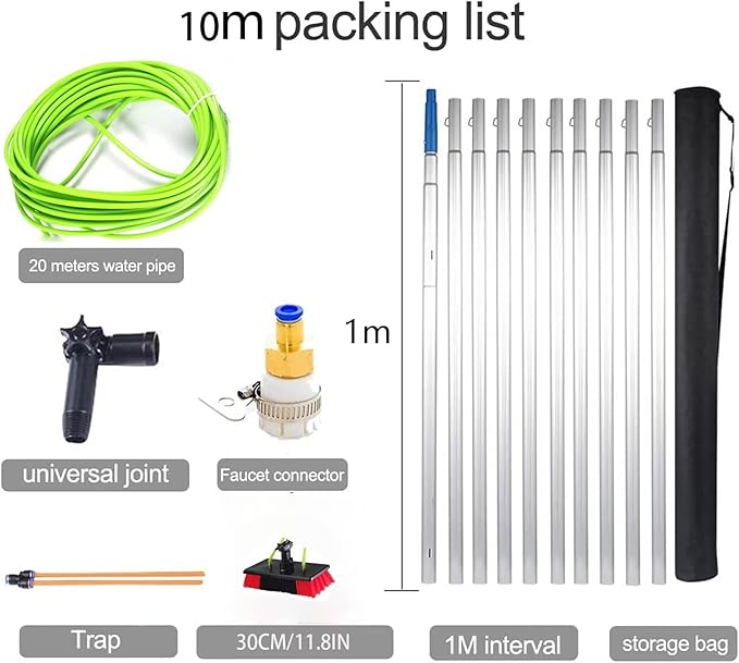 10m/33ft Window Cleaning Pole/Water Fed Telescopic Brush/Extendable Cleaner Conservatory Roof Window Cleaning Equipment Extendable Cleaner Conservatory Roof Cleaning Tools(50cm Brush 10m pol