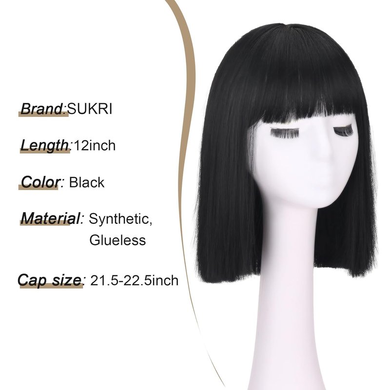 Short Black Straight Wig with Bangs - Heat Resistant Synthetic Hair | 12-Inch Bob for Women