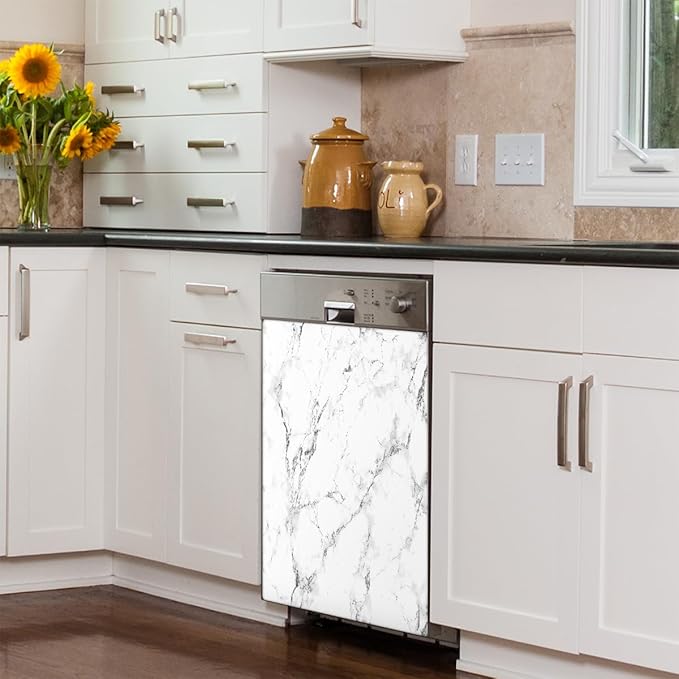 Dishwasher Magnet Cover White Marble Black Texture Reusable Dishwasher Magnetic Cover Sticker Decorative Dish Washer Door Cover Panel for Home Kitcen Appliance, 21x26 in
