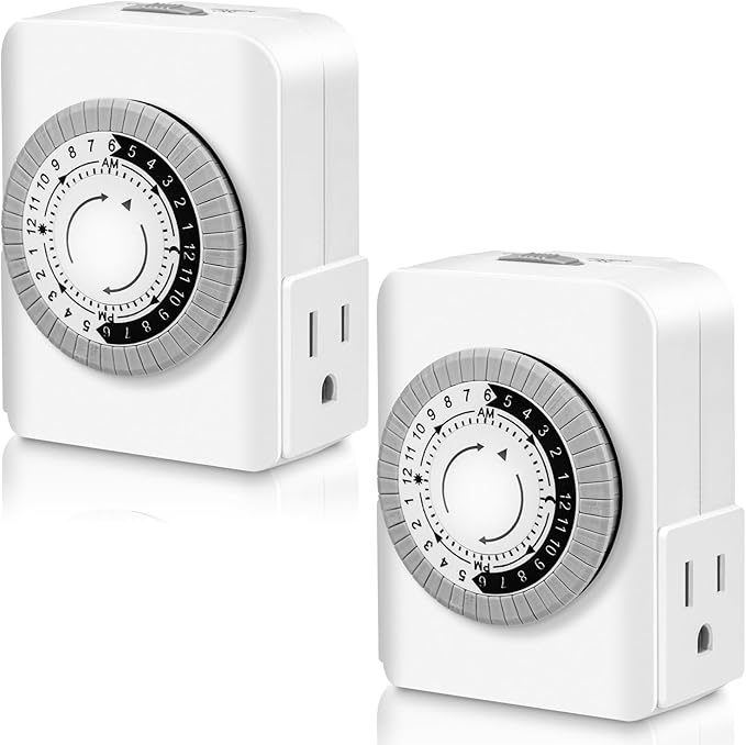 AaiVrylliz Outlet Timer,Timers for Electrical Outlets Indoor with 3-Prong Dual Outlet,24-Hour 30 Minute Daily On/Off Cycle, Plug-in Mechanical Timers for Christmas Lights, Lamps, Grow Light (2-Pack)