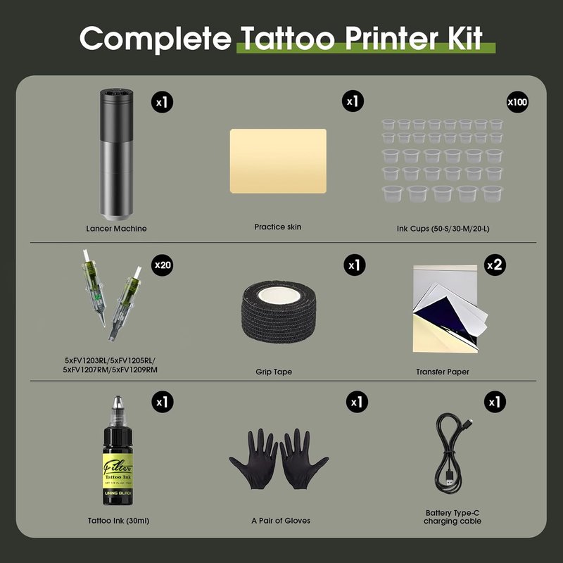 Tattoo Gun Kit - Complete Rotary Machine Pen Set with 1500mAh Battery & 20 Cartridge Needles | Grey