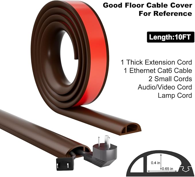 Kneelisa 10FT Side-Open Extension Cord Covers for Wires on Floor,Silicone Power Cable Protector Cord Hider Management Strip,Hide Electric Wire on Carpet,Chord Runner Protective Safety,Brown