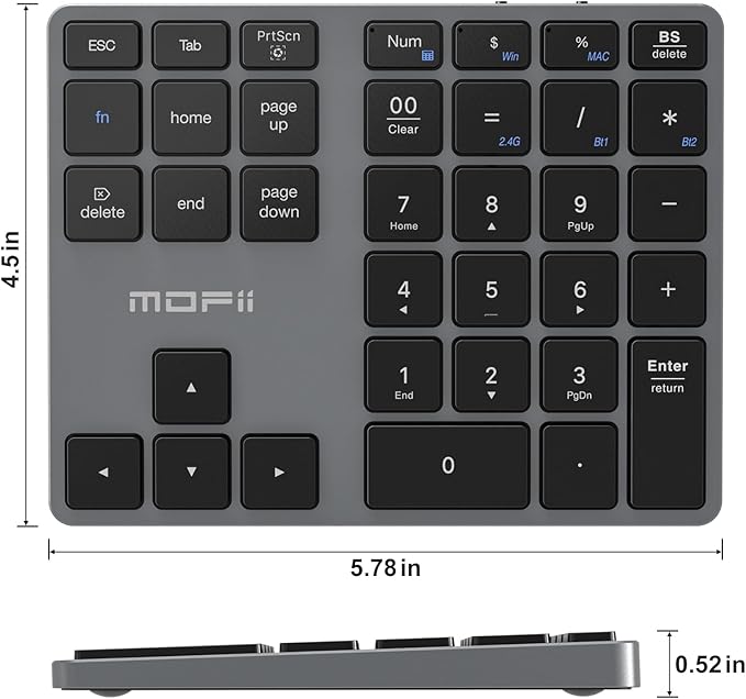 MOFII Number Pad for Laptop - Bluetooth Gray Wireless Numeric Keypad 35 Keys USB-C Rechargeable Numpad, Accounting Portable Financial Data 10 Key for Laptop/PC/Desktop/Notebook/Surface Pro