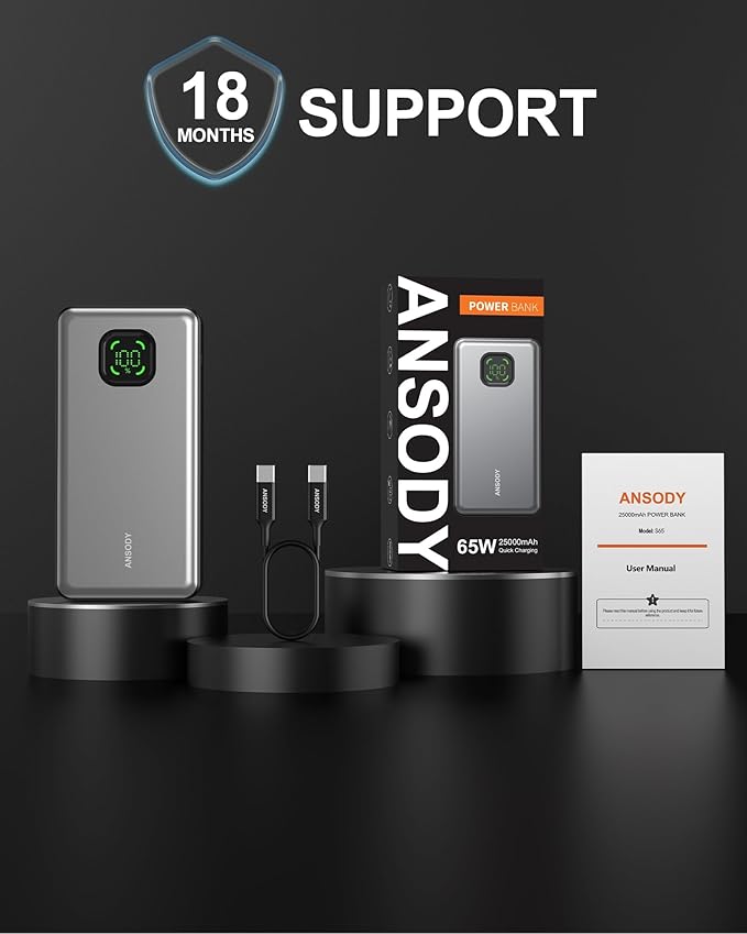 Ansody 65W Power Bank, 25000mAh Laptop Portable Charger, 100W Total Fast Charging Battery Pack for MacBook Dell XPS iPad Tablet Steam Deck iPhone 17-12 Series Samsung Switch and More Silver