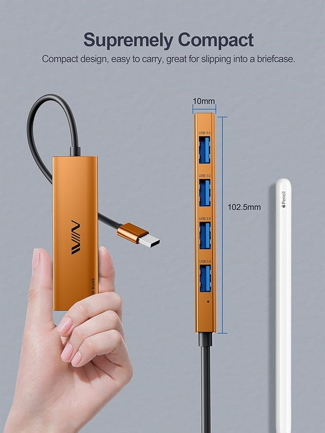 USB 3.0 Hub, 4 Port USB Hub Splitter, USB A Expander Portable USB Adapter Multiport Data Hub for Laptop, iMac Pro, MacBook Air, Mac mini/Pro, Surface Pro, USB Flash Drives, and Mobile HDD-Orange