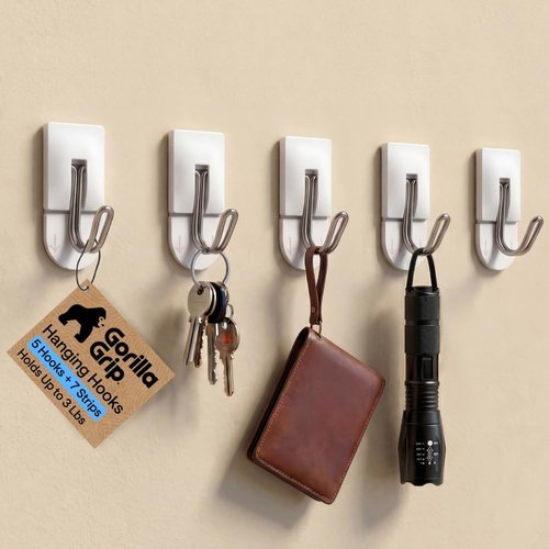 GORILLA GRIP Heavy Duty Adhesive Hooks - Damage-Free Wall Hangers for Kitchen & Bathroom | 5 Pack with 2 Extra Strips