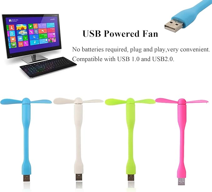 Soseelnee Mini USB Fan, Portable Pocket Fan USB-A Powered Little Cooler, Quiet Operation, for Home Office Car Outdoor Travel- 4 Pack (Blue+ White+ Green+ Pink)
