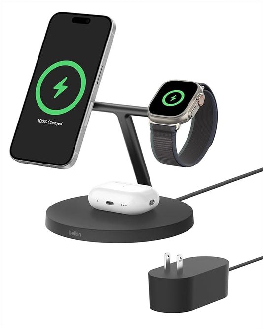 Belkin MagSafe-Compatible iPhone Charger, 3-in-1 Wireless Charging Station, Qi2-Certified 15W Wireless Charge for Apple iPhone 17 Series, Apple Watch, AirPods w/Non-Slip Base, 40W Included - Black