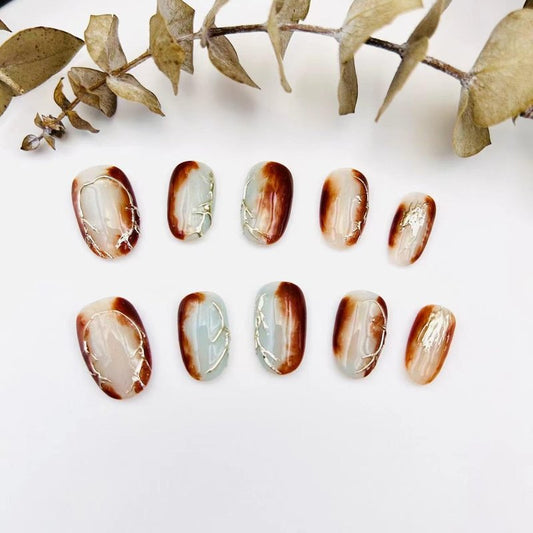 Press on Nails Fake Nails Acrylic Brown With Design Medium Length Handmade Painted By Artist For 3d Effect Pink Cat's Eye Glitter Nail Kit with Nail Glue for Women and Girls 10pcs-Small