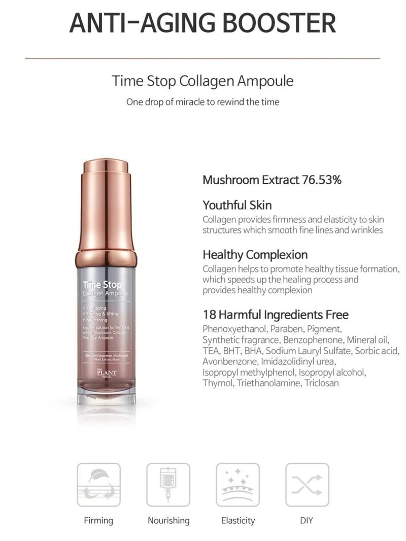 THE PLANT BASE Korean Collagen Serum – Time Stop Mushroom Ampoule, 76.5% Mushroom Extract & Vegan Collagen Face Serum for Anti-Aging, Firming & Plumping | K-Beauty Award Winner, 1.01 fl oz