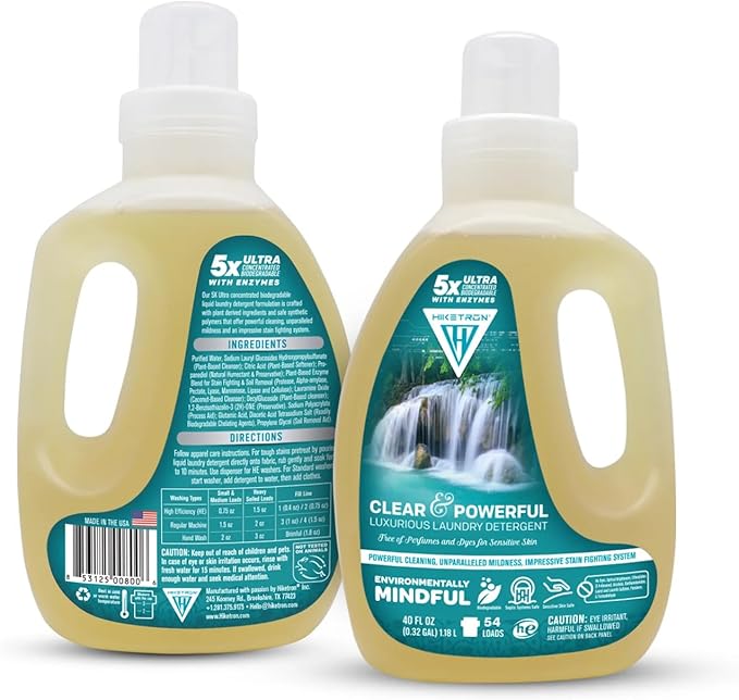 Hiketron Clear & Powerful Unscented Liquid Laundry Detergent, 5x Ultra Concentrated, Tough Stains Remover, (40 Fl Oz, Pack of 2)