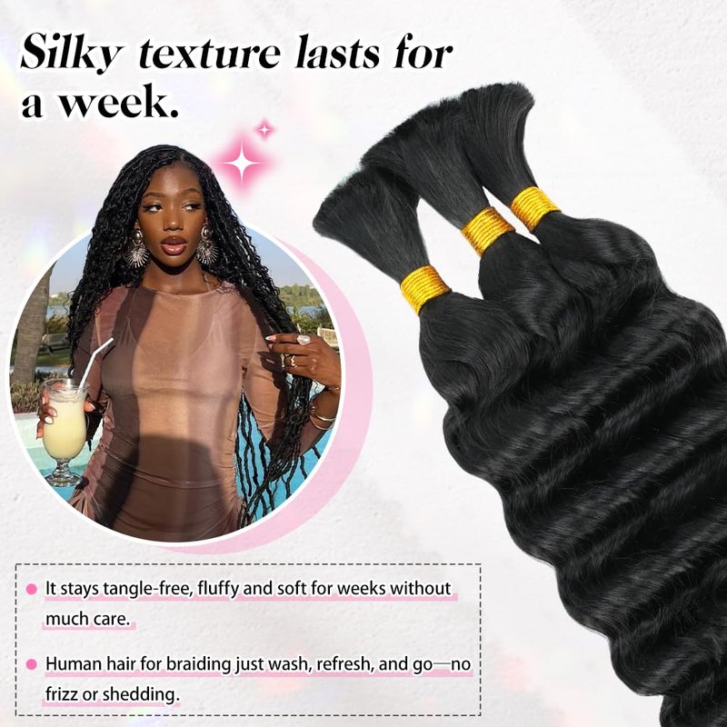 16 Inch Deep Wave Human Braiding Hair for Boho Braids – 50g 1 Bundles/Pack Natural Black 100% Unprocessed 12A Brazilian Virgin Human Hair Bulk, No Weft, Wet & Wavy Curly Extensions