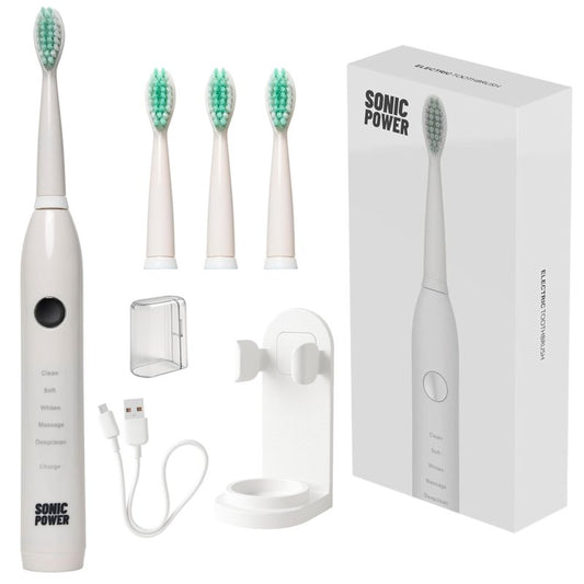 SonicPower Electric Toothbrush Kit, Ultra Portable & Lightweight with 5 Cleaning Modes, 1 Year Supply of Brush Heads, Rechargeable Battery, Mirror Mount & Travel Cap Included (White)