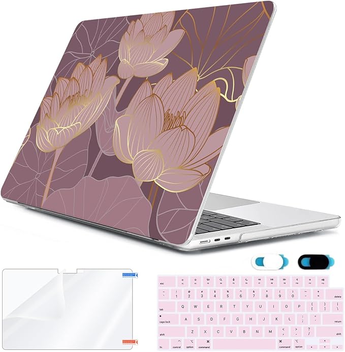 HOHAIYOO Compatible with 2026 2025 2024-2022 MacBook Air 13 inch Case M5 A3449 M4 A3240 M3 A3113 M2 A2681, Hard Shell&Keyboard Cover&Screen Film&Webcam Cover for New M5 MacBook Air 13.6 inch, Lotus