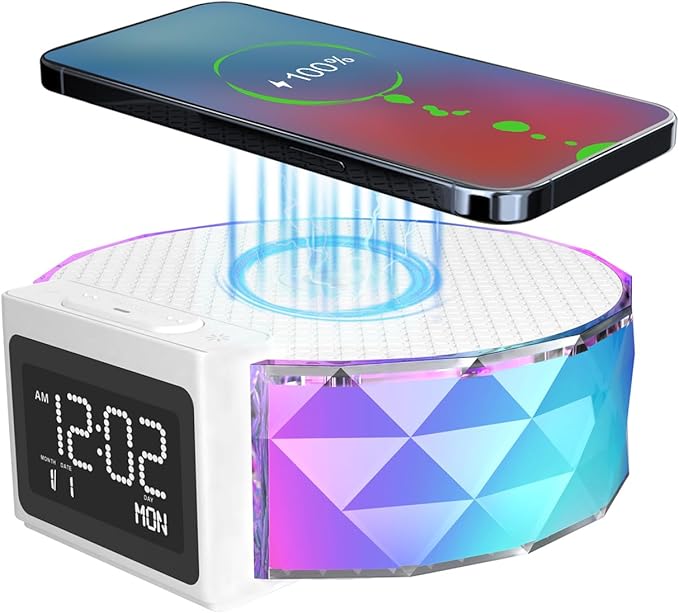 YIDPU Alarm Clock with Fast Wireless Charging 15W,Digital Alarm Clock Night Lamp for Bedroom, RGB Nightlight for 5 Colors,Snooze Mode,8 Types of Music with Cable (White)