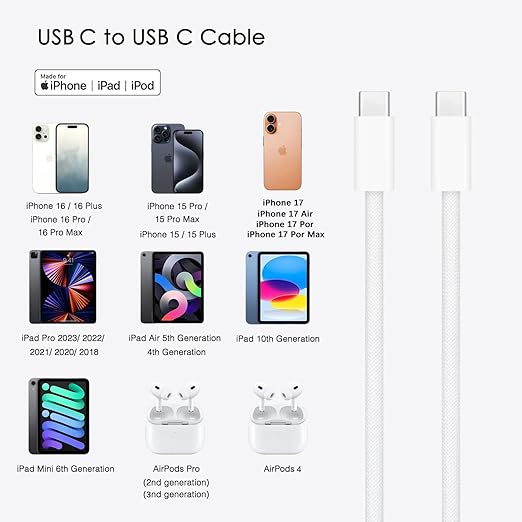 Short iPhone 17/17e/16/16e/15 USB C to USB C Woven Cable for iPhone 17Air, 16 15 Pro Max,Plus, 60W Charging Cord for AirPods 4/Pro (2nd/3rd Gen), iPad 10th Gen/iPad Pro/Air 5 4th Charger Cable (1.5ft)