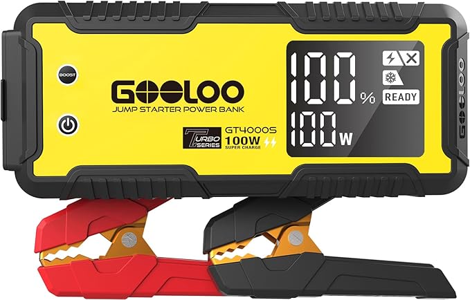 GOOLOO GT4000S Jump Starter 4000A Car Jumper Starter (Up to 10L Diesel All Gas Engines), 100W Fast-Charging Lithium Jump Box, SuperSafe Portable Car Battery Charger for 12V Vehicles, Yellow