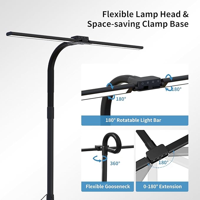 CRLIVOING Full Spectrum LED Desk Lamp, Sun Lamp 15W Eye-Caring Table Light with CRI≥95, Flicker-Free, Low Blue Light, 2700K-6500K, Stepless Dimming, 360° Arm, Clamp Base for Office & Study