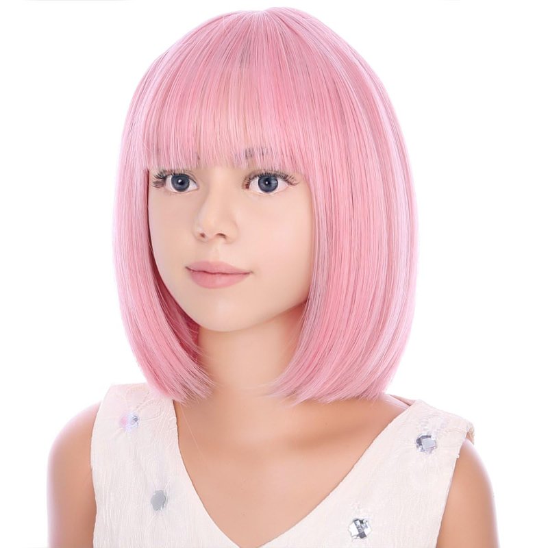 PATTNIUM Light Pink Bob Wig for Girls Short Bob Wig with Bangs Synthetic Heat Resistant Wig with Wig Cap