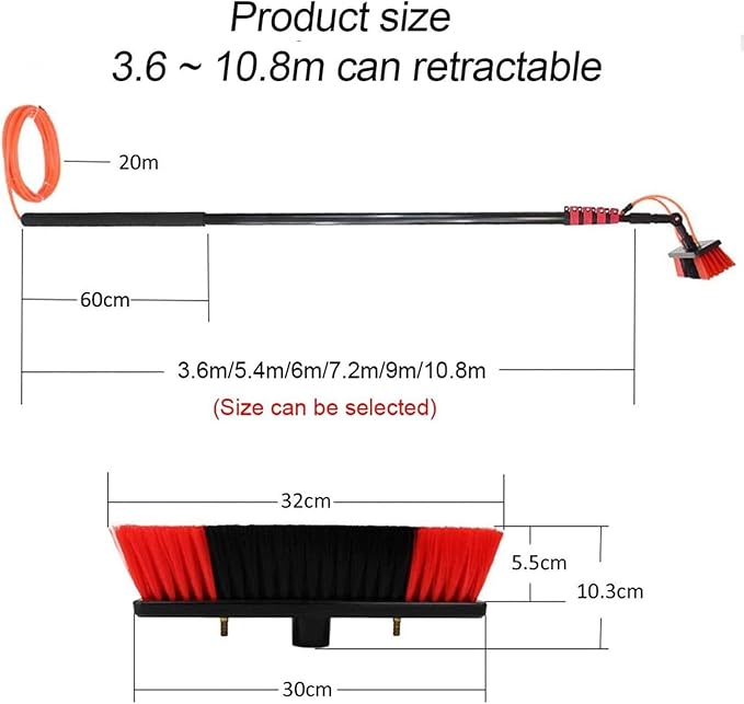 Telescopic Water Fed Pole Window Cleaner Kit - 30cm Brush Head & 20M Hose, Extendable Roof & Conservatory Cleaner, Efficient Outdoor Cleaning Tools