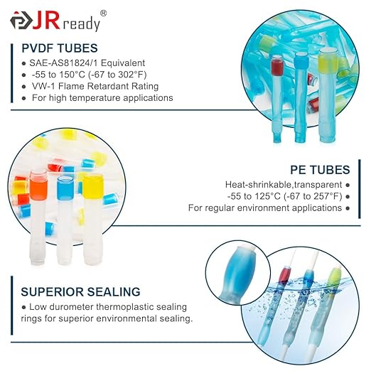JRready 50 Sets M81824/1-3 Environmental Butt Splice Connectors 16-12 AWG, IP68 Waterproof Heat Shrink Crimp Splice Kit with PVDF & PE Insulation Sleeves for Automotive Marine & Aviation Wiring