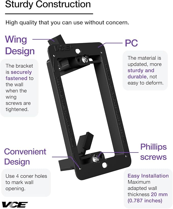 VCE Low Voltage Mounting Bracket Single Gang Wall Plate, Flush Low Voltage Box for Network, HDMI, Coaxial, Speaker, Telephone Cables, Black, 5 Pack