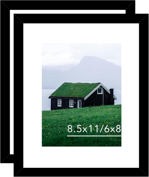JCJMY Picture Frame Set of 2 - 8.5x11 & 6x8 Mat Options for Wall or Tabletop Display - Black