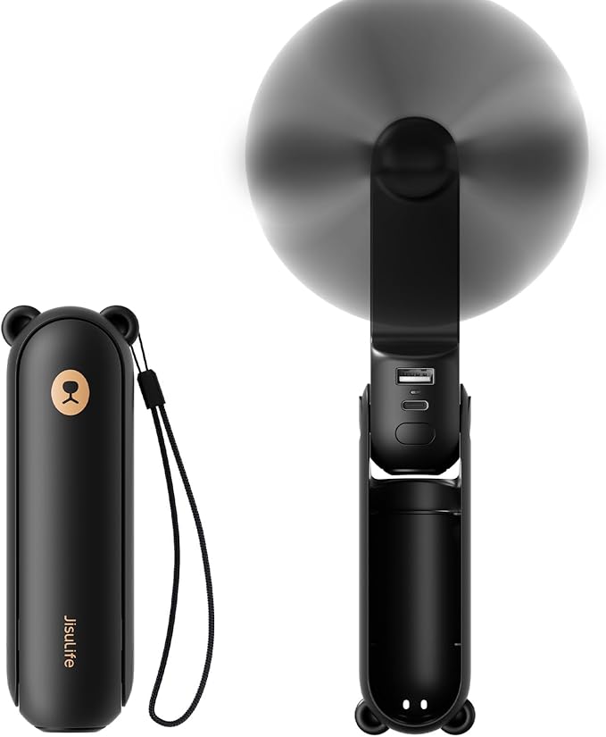 JISULIFE 3 IN 1 Handheld Mini Fan - Portable Fan & Power Bank & Flashlight, 19H Max Cooling, USB Rechargeable, Pocket-Sized for Travel, Cruise, Concerts, Makeup, 2026 Summer Gifts for Women(Black)