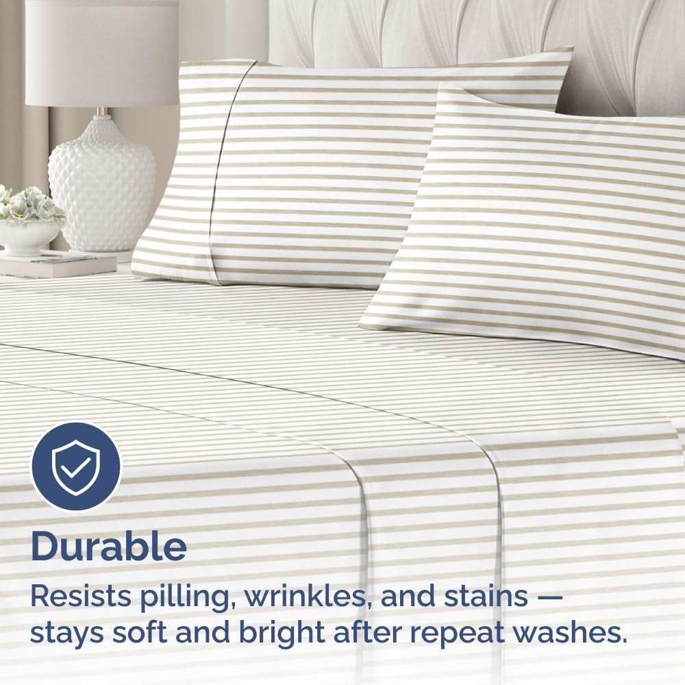 Skiennix Queen Pillow Cases Set of 4 - Ultra Soft Hotel Quality Covers - Wrinkle Free & Fade Resistant - Beige Stripes