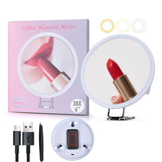 saiggnyy 6" 30X Magnifying Mirror with Light Suction Cup,Led Close up Mirror for Checking Pores with 360° Stand,3 Color Lighted Personal Mirror 30X,30 Times High Magnification Concave Mirrors