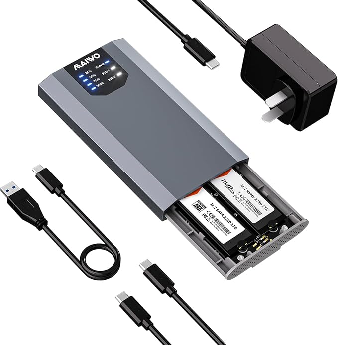 MAIWO Dual-Bay M.2 SSD Enclosure Cloner for NVMe & SATA, USB3.2 GEN2X2 10Gbps M.2 Duplicator Supports Bidirectional Offline Clone for SSDs Sizes 2230/2242/2260/2280