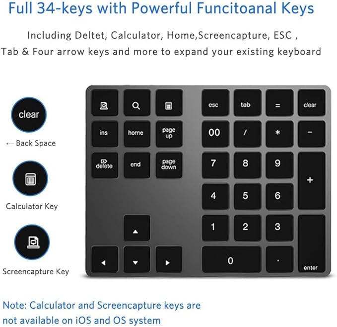 JOYEKY Bluetooth Number Pad, Aluminum Rechargeable Numeric Keypad Wireless 34-Keys Number Keyboard Shortcut Keypad Numpad Data Entry Compatible for iMac Windows