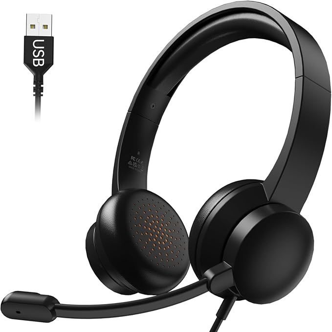 USB Headset with Microphone for PC, Wired Headphones with Mic USB Headsets with Noise Cancelling Microphone, Computer Headset with Microphone for Home Office Online Class Teams Skype（Rose Pink）