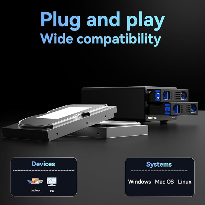 CENMATE Aluminum 2 Bay 10Gbps HDD Enclosure with Cooling Fan for 2.5“/3.5" SATA HDD/SSD with USB A/C 3.2 Gen 2, Support Hot Swappable, Tool-Free Hard Drive Enclosure