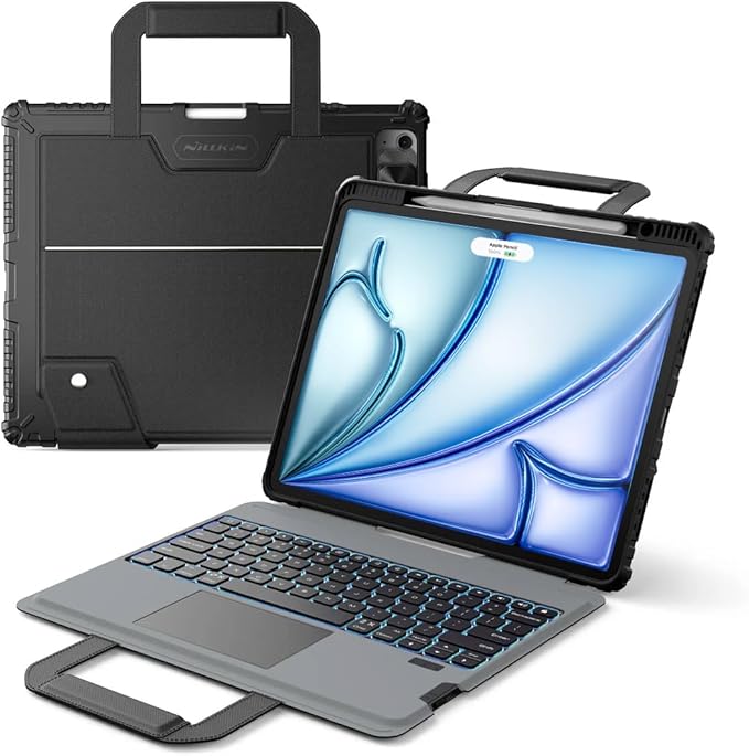 Nillkin Carry Go Keyboard Case for iPad Air 13 inch (M4/M3/M2) with Handle, iPad Pro 12.9 (3rd-6th Gen) Rugged Case with Detachable Keyboard, Magic Trackpad, 7 Colors Backlit, Camera Cover, Black