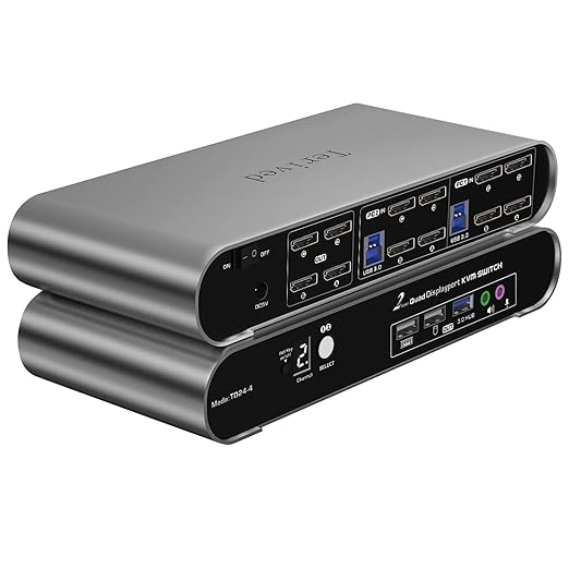 Terived 2 Port DP USB 3.0 Automatic KVM Switch Quad Monitor Two Computers Four DisplayPort Monitors, 8K@30Hz 4K@144Hz, Aluminum hotkey Audio Microphone, Digital Display, HDR10 with Cables