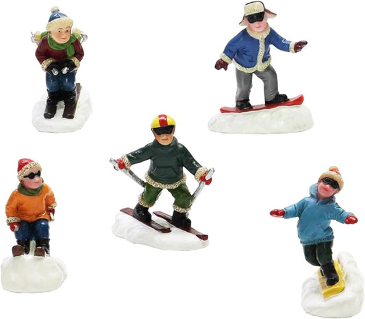Moments In Time Christmas Village Set - Hand-Painted Skiing & Snowboarding Figures | 5-Piece Holiday Decor