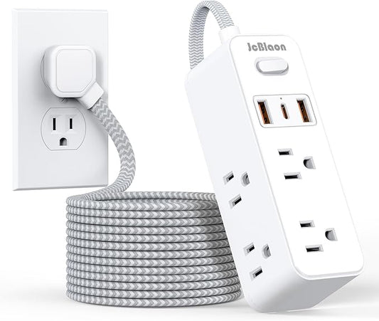 Extension Cord with Multiple outlets, 10 Ft Braided Power Cord, 6 Widely Outlets with 3 USB Ports (1 USB C), Ultra Thin Flat Plug, 3 Sided 1050J Power Strip Surge Protector for Home Travel Office