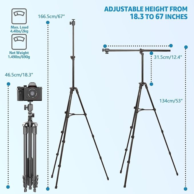 Phone Tripod, Arsoer 67" Adjustable Height Tripod with Horizontal Column and Removable Clip Mount for Overhead Shot, 360° Rotation Stand with Wireless Remote/Carry Bag