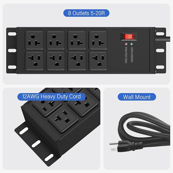 CCCEI Heavy Duty Power Strip Surge Protector 20 AMP Switch, 12 Gauge Extension Cord with Multiple Outlets, Industrial, Shop, Garage High Amp Wall Mount Electric Extender. 25FT, Black.